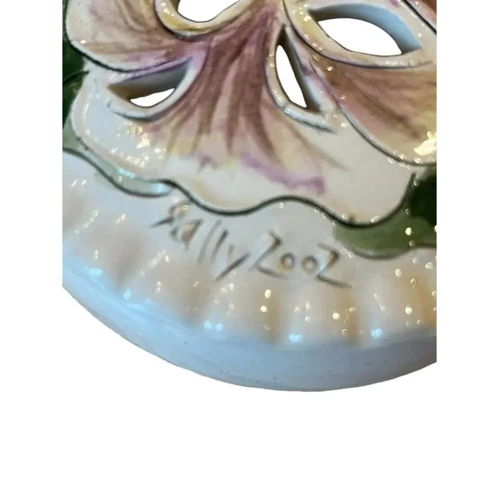 Ally Looz Trinket Box Orchid Cutouts Porcelain 3” Wide Lidded Purple White VTG